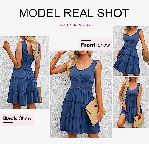Dokotoo Womens Sundresses for Women 2024 Sleeveless Button Down Smocked Elastic Waist Ruffle Tiered Casual Cute Swing Mini Dress Summer Tank Sun Shorts Dress Beach Swimsuit Coverup Outfit Blue Small