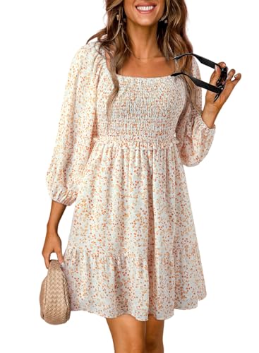 Dokotoo Womens Summer Dresses 2024 Casual Boho Dresses for Women Vintage Floral 3/4 Sleeve Square Neck Smocked A-Line Flowy Swing Babydoll Mini Sun Dress Beach Vacation Sundress Beige Medium