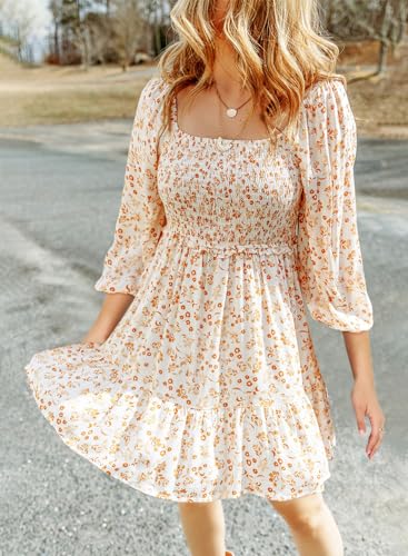 Dokotoo Womens Summer Dresses 2024 Casual Boho Dresses for Women Vintage Floral 3/4 Sleeve Square Neck Smocked A-Line Flowy Swing Babydoll Mini Sun Dress Beach Vacation Sundress Beige Medium