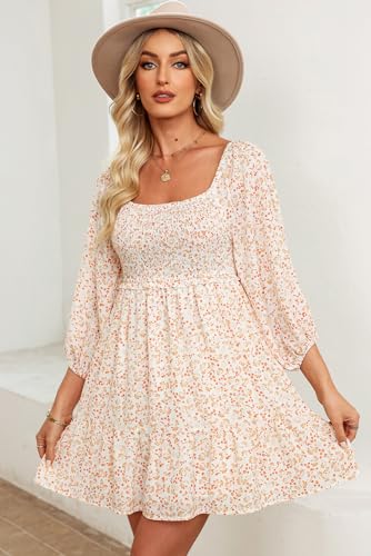 Dokotoo Womens Summer Dresses 2024 Casual Boho Dresses for Women Vintage Floral 3/4 Sleeve Square Neck Smocked A-Line Flowy Swing Babydoll Mini Sun Dress Beach Vacation Sundress Beige Medium