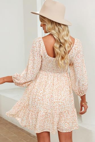 Dokotoo Womens Summer Dresses 2024 Casual Boho Dresses for Women Vintage Floral 3/4 Sleeve Square Neck Smocked A-Line Flowy Swing Babydoll Mini Sun Dress Beach Vacation Sundress Beige Medium