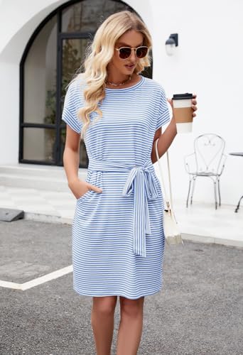 MEROKEETY Women's Summer Striped Short Sleeve T Shirt Dress Casual Tie Waist Midi Dress, Blue, S