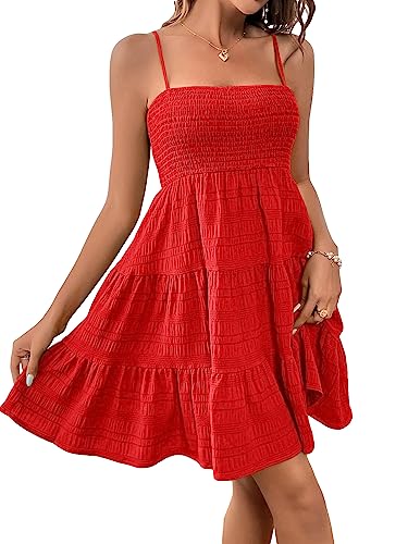 SOLY HUX Women's Summer Smock Cami Mini Dress Sleeveless Swing A Line Short Dresses Graduation Dresses Plain Red XS