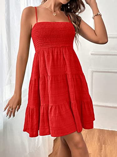SOLY HUX Women's Summer Smock Cami Mini Dress Sleeveless Swing A Line Short Dresses Graduation Dresses Plain Red XS
