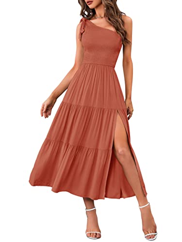 MEROKEETY Women's Summer One Shoulder Sleeveless Knot Smocked Midi Dress Split Tiered Flowy Dresses,Caramel,S