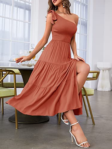 MEROKEETY Women's Summer One Shoulder Sleeveless Knot Smocked Midi Dress Split Tiered Flowy Dresses,Caramel,S
