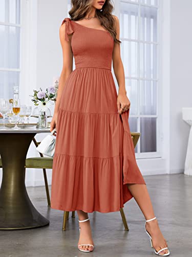 MEROKEETY Women's Summer One Shoulder Sleeveless Knot Smocked Midi Dress Split Tiered Flowy Dresses,Caramel,S