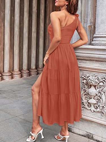 MEROKEETY Women's Summer One Shoulder Sleeveless Knot Smocked Midi Dress Split Tiered Flowy Dresses,Caramel,S