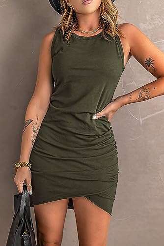 BTFBM Women 2024 Summer Sleeveless Tank Dresses Crew Neck Slim Fit Short Casual Ruched Bodycon Party Club Mini Dress(Dark Green 2, Small)