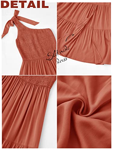 MEROKEETY Women's Summer One Shoulder Sleeveless Knot Smocked Midi Dress Split Tiered Flowy Dresses,Caramel,S