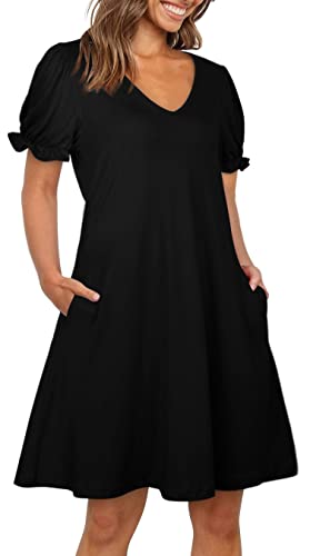 Aloodor Dresses for Women 2024 V Neck Puff Sleeve Summer Dress Ladies Black L