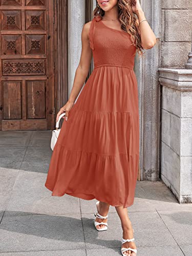 MEROKEETY Women's Summer One Shoulder Sleeveless Knot Smocked Midi Dress Split Tiered Flowy Dresses,Caramel,S