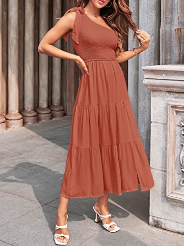 MEROKEETY Women's Summer One Shoulder Sleeveless Knot Smocked Midi Dress Split Tiered Flowy Dresses,Caramel,S