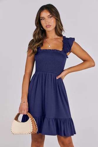ANRABESS Womens Summer Casual Sleeveless Square Neck Smocked Ruffle Backless Boho Mini Dress 2024 Trendy Short Sundress Navy Blue Medium