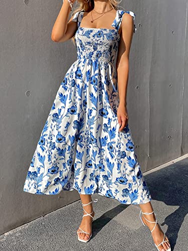 MakeMeChic Women's Summer Boho Dress Casual Floral Print Spaghetti Strap Square Neck Long Maxi Dress Beach Sun Dress A Blue and White L