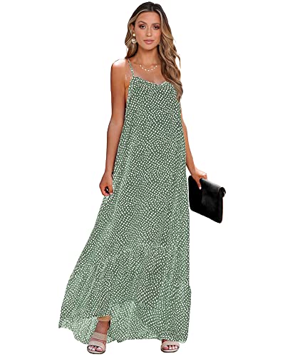 BTFBM Women Casual Summer Dresses 2024 Spaghetti Strap Sleeveless Sundress Print Ruffle Flowy Boho Beach Long Maxi Dress(Print Floral Green, Large)