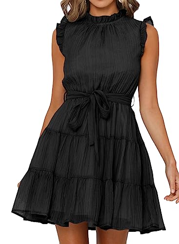 Dokotoo Womens Summer Dresses 2024 Cute Sleeveless Ruffle Waist Tie Elegant Casual A-Line Wedding Guest Party Tiered Mini Swing Babydoll Dress for Women Boho Sundresses Black Medium