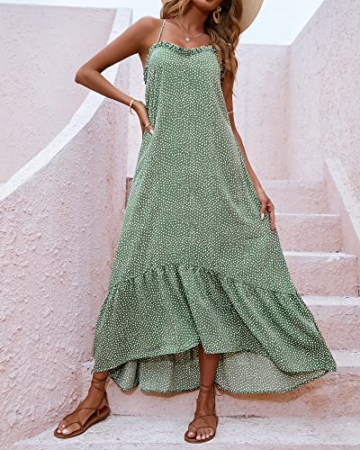 BTFBM Women Casual Summer Dresses 2024 Spaghetti Strap Sleeveless Sundress Print Ruffle Flowy Boho Beach Long Maxi Dress(Print Floral Green, Large)