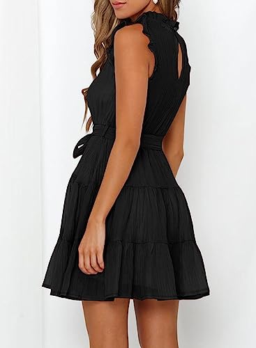 Dokotoo Womens Summer Dresses 2024 Cute Sleeveless Ruffle Waist Tie Elegant Casual A-Line Wedding Guest Party Tiered Mini Swing Babydoll Dress for Women Boho Sundresses Black Medium