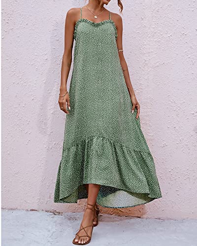 BTFBM Women Casual Summer Dresses 2024 Spaghetti Strap Sleeveless Sundress Print Ruffle Flowy Boho Beach Long Maxi Dress(Print Floral Green, Large)