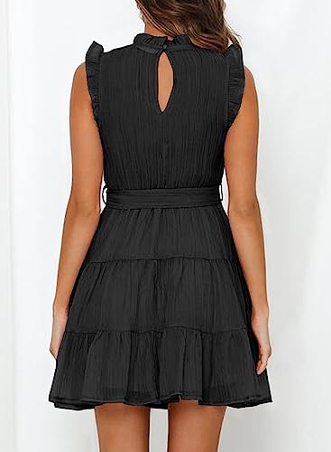 Dokotoo Womens Summer Dresses 2024 Cute Sleeveless Ruffle Waist Tie Elegant Casual A-Line Wedding Guest Party Tiered Mini Swing Babydoll Dress for Women Boho Sundresses Black Medium