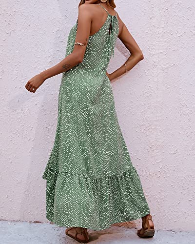 BTFBM Women Casual Summer Dresses 2024 Spaghetti Strap Sleeveless Sundress Print Ruffle Flowy Boho Beach Long Maxi Dress(Print Floral Green, Large)