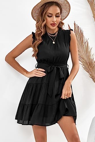 Dokotoo Womens Summer Dresses 2024 Cute Sleeveless Ruffle Waist Tie Elegant Casual A-Line Wedding Guest Party Tiered Mini Swing Babydoll Dress for Women Boho Sundresses Black Medium