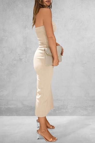 PRETTYGARDEN Women's Summer Bodycon Maxi Tube Dress Ribbed Strapless Side Slit Long Going Out Casual Elegant Party Dresses (Beige,Small)