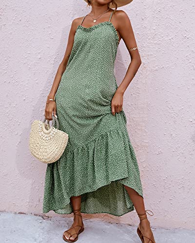 BTFBM Women Casual Summer Dresses 2024 Spaghetti Strap Sleeveless Sundress Print Ruffle Flowy Boho Beach Long Maxi Dress(Print Floral Green, Large)