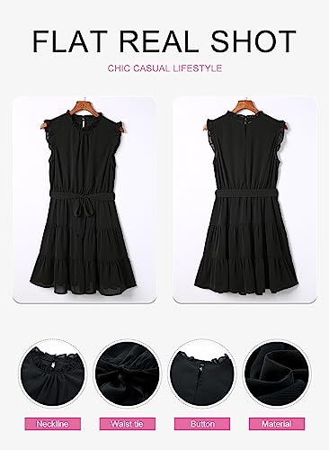 Dokotoo Womens Summer Dresses 2024 Cute Sleeveless Ruffle Waist Tie Elegant Casual A-Line Wedding Guest Party Tiered Mini Swing Babydoll Dress for Women Boho Sundresses Black Medium