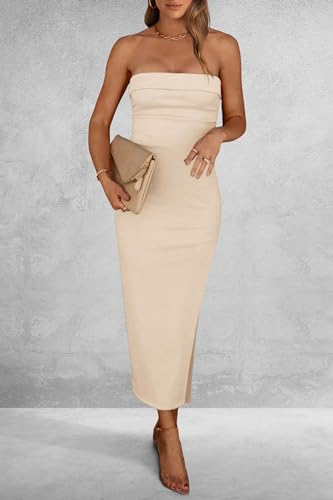 PRETTYGARDEN Women's Summer Bodycon Maxi Tube Dress Ribbed Strapless Side Slit Long Going Out Casual Elegant Party Dresses (Beige,Small)