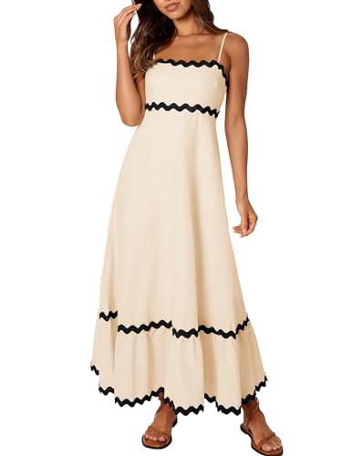 ZESICA Women's 2024 Summer Spaghetti Straps Sleeveless Backless Sundress Flowy Smocked Lace Swing A Line Midi Dress,Apricot,Medium