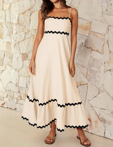 ZESICA Women's 2024 Summer Spaghetti Straps Sleeveless Backless Sundress Flowy Smocked Lace Swing A Line Midi Dress,Apricot,Medium