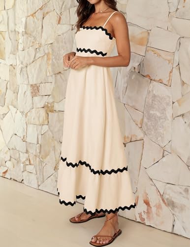 ZESICA Women's 2024 Summer Spaghetti Straps Sleeveless Backless Sundress Flowy Smocked Lace Swing A Line Midi Dress,Apricot,Medium