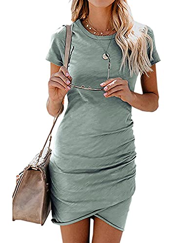 BTFBM Women's 2024 Summer Casual Beach Dresses Crew Neck Short Sleeve Wrap Party Club Mini Ruched Bodycon T Shirt Dress(Grey Green, Large)