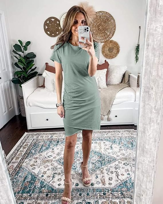 BTFBM Women's 2024 Summer Casual Beach Dresses Crew Neck Short Sleeve Wrap Party Club Mini Ruched Bodycon T Shirt Dress(Grey Green, Large)