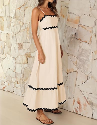 ZESICA Women's 2024 Summer Spaghetti Straps Sleeveless Backless Sundress Flowy Smocked Lace Swing A Line Midi Dress,Apricot,Medium