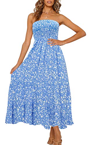 ZESICA Women's 2024 Summer Bohemian Floral Printed Strapless Beach Party Long Maxi Dress,Blue,Medium