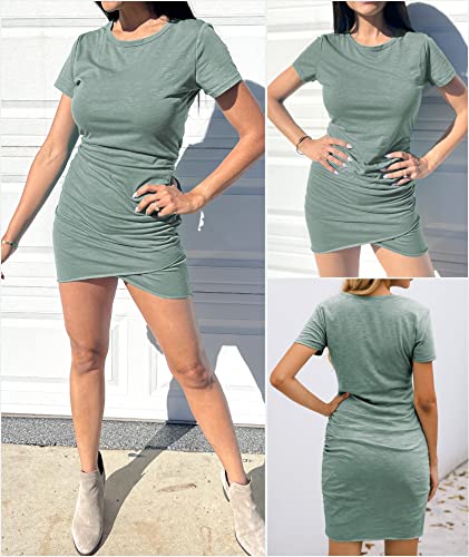 BTFBM Women's 2024 Summer Casual Beach Dresses Crew Neck Short Sleeve Wrap Party Club Mini Ruched Bodycon T Shirt Dress(Grey Green, Large)