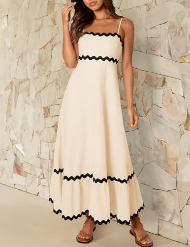 ZESICA Women's 2024 Summer Spaghetti Straps Sleeveless Backless Sundress Flowy Smocked Lace Swing A Line Midi Dress,Apricot,Medium