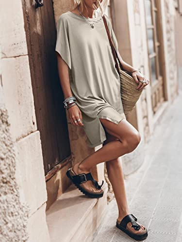 ANRABESS Women’s Summer Short Sleeve T-Shirt Dress Casual Loose Oversized Slit Mini Tee Dress Beach Cover Up Tunic 2024 Fashion Cute Boyfriend Tops Light Gray Small