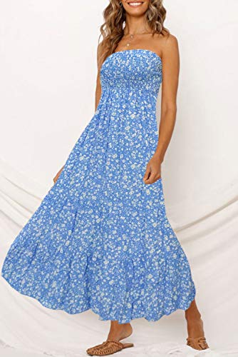 ZESICA Women's 2024 Summer Bohemian Floral Printed Strapless Beach Party Long Maxi Dress,Blue,Medium