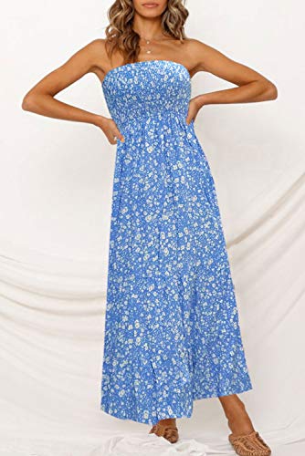 ZESICA Women's 2024 Summer Bohemian Floral Printed Strapless Beach Party Long Maxi Dress,Blue,Medium