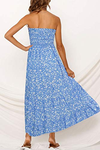 ZESICA Women's 2024 Summer Bohemian Floral Printed Strapless Beach Party Long Maxi Dress,Blue,Medium