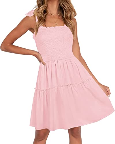ZESICA Women's 2024 Summer Spaghetti Strap Sleeveless Square Neck Ruffle A Line Swing Mini Dress,Pink,Medium