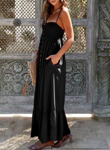 Dokotoo Womens Summer Dresses 2024 Casual Sleeveless Smocked Elastic Button Up Open Back A-Line Spaghetti Straps Flowy Beach Party Maxi Long Dress Vacation Outfits for Women Sundresses Black X-Large