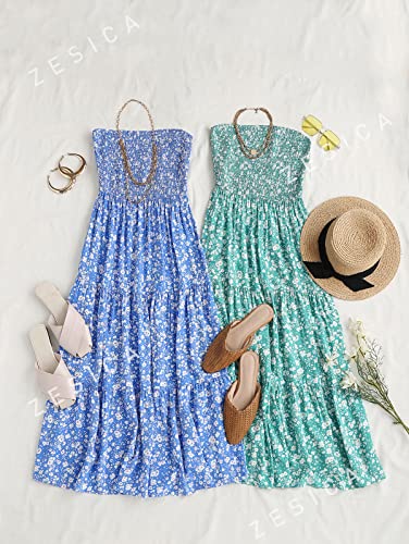 ZESICA Women's 2024 Summer Bohemian Floral Printed Strapless Beach Party Long Maxi Dress,Blue,Medium