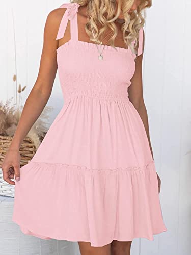 ZESICA Women's 2024 Summer Spaghetti Strap Sleeveless Square Neck Ruffle A Line Swing Mini Dress,Pink,Medium