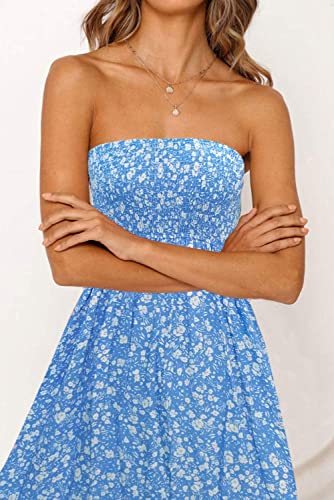 ZESICA Women's 2024 Summer Bohemian Floral Printed Strapless Beach Party Long Maxi Dress,Blue,Medium