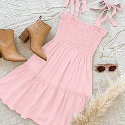 ZESICA Women's 2024 Summer Spaghetti Strap Sleeveless Square Neck Ruffle A Line Swing Mini Dress,Pink,Medium